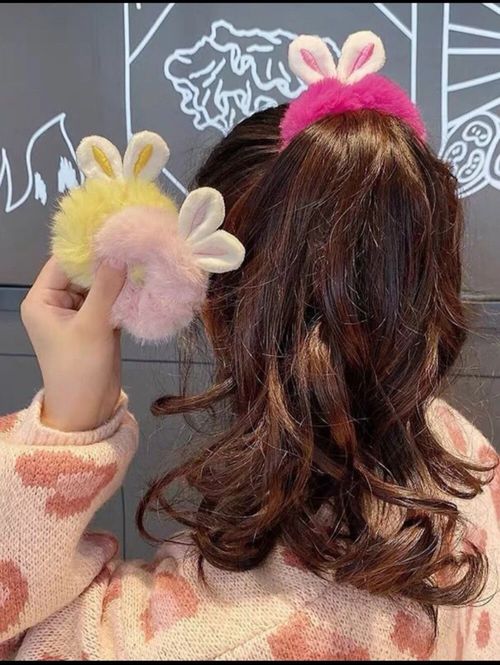 Set 4 Fluffy Bunny Ear Pom Hair Tie for Kids — Pastel Pink, Blue, Yellow, Gray